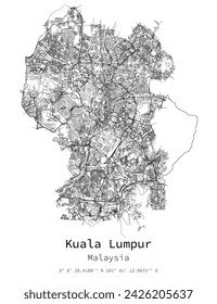 Kuala Lumpur, Malasia mapa de calles, imagen vectorial para marketing, producto digital, arte mural y carteles impresos.