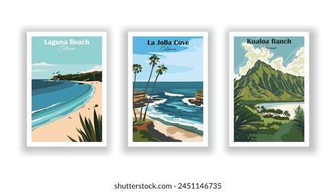 Kualoa Ranch, Hawaii, La Jolla Cove, California, Laguna Beach, California - Vintage travel poster. Vector illustration. High quality prints