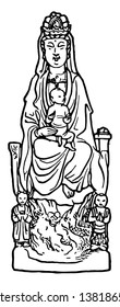 Kuan Yin the Goddess of compassion. Of all the goddesses, she is most revered and beloved throughout the world, vintage line drawing or engraving illustration.