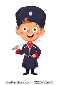 Kuban Cossack, cute boy in the national costume of Russia. Cheerful cartoon character