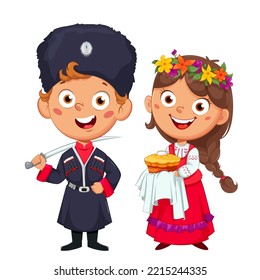 Kuban Cossack and girl, cute boy and girl in the national costumes of Russia. Cheerful cartoon character.