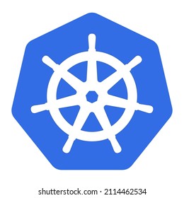 Kubernetes logo. White helm or steering wheel on the blue background.