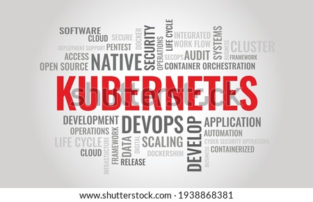 KUBERNETES word cloud. Cybersecurity open-source container-orchestration system concept. Vector illustration.. 