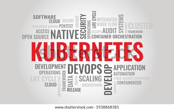 KUBERNETES word\
cloud. Cybersecurity open-source container-orchestration system\
concept. Vector illustration..\
