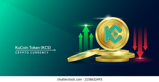 Cartel de criptodivisa de KuCoin Token. Futura moneda en el mercado bursátil de blockchain con flechas rojas-verdes arriba y abajo. Monedas de oro cripto monedas. Cartel de noticias de fondo sólido. Vector 3D.