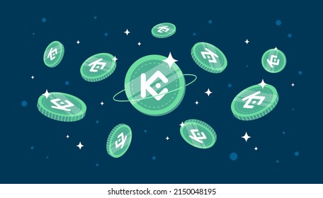 Monedas de KuCoin Token (KCS) cayendo desde el cielo. Fondo de banner de concepto de criptodivisa de KCS.