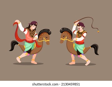 Kuda lumping indonesian traditional dance cartoon illustration vector