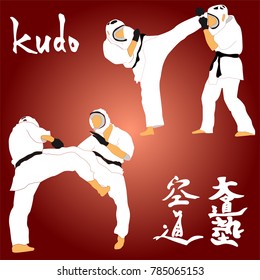 Kudo martial arts fighters are fighting vector art with hieroglyph. Will be perfect to use as a banner, postcard, poster.