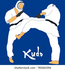 Kudo martial arts fighters are fighting vector art with hieroglyph. Will be perfect to use as a banner, postcard, poster.
