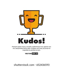 Kudos Card With Smiling Trophy Illustration In Line Art Style and Text Box Template