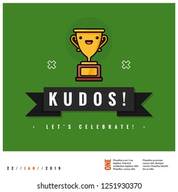 Kudos Let's Celebrate Card Trophy Illustration In Line Art Style 