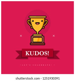 Kudos Let's Celebrate Card Trophy Illustration In Line Art Style 