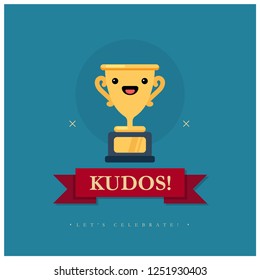 Kudos Let's Celebrate Card Trophy Illustration In Line Art Style 