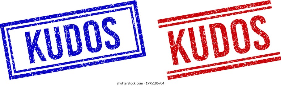 KUDOS rubber imprints with grunge style. Vectors designed with double lines, in blue and red variants. Label placed inside double rectangle frame and parallel lines.