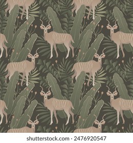 Kudu or antelope seamless pattern design. Elegant summer tropical vector illustration. Repeating vector print of exotic horned animal with green leaves on dark background.