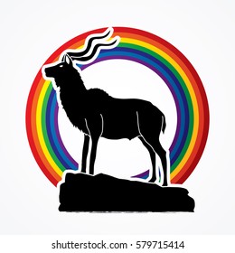 Kudu standing on the cliff designed on line rainbows background graphic vector.