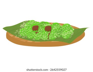 Kue klepon, bitten klepon cake icon clip art, indonesian traditional sweet cake dessert on banana leaves, homemade local snack food indonesia