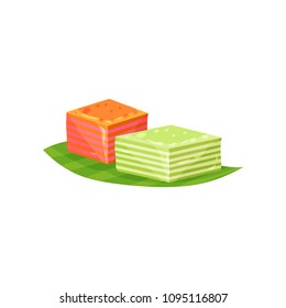 Kue Lapis or small layered cakes on green leaf. Sweet food. Traditional Indonesian snack. Flat vector design for flyer, recipe book or menu