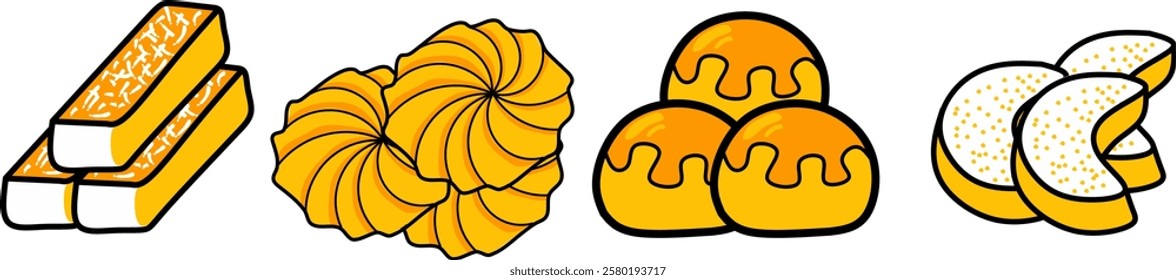 Kue nastar or pineapple tart. illustration of Kue Lebaran from Indonesian traditional cookies for Eid Mubarak celebration. Nastar, Putri Salju, Kue Sagu and Kastengel illustration for label.