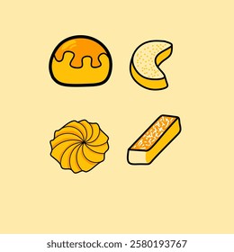 Kue nastar or pineapple tart. illustration of Kue Lebaran from Indonesian traditional cookies for Eid Mubarak celebration. Nastar, Putri Salju, Kue Sagu and Kastengel illustration for label.