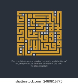 Kufi Arabic Calligraphy vector illustration,-QS-Surat AL -BAQARAH,201-isolated black and gold background.