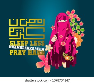 kufi ramadan kareem is islam event,  beautiful greeting card with muslimah which mean muslim women background.