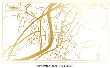 Mapa de la ciudad de Kufstein en estilo retro en color dorado. Mapa de esquema. Ilustración vectorial.