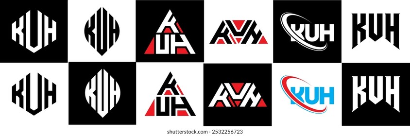 KUH letter logo design in six style. KUH polygon, circle, triangle, hexagon, flat and simple style with black and white color variation letter logo set in one artboard. KUH minimalist and classic logo