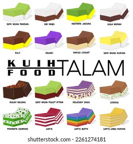 Kuih Talam vector (traditional steamed snack) with 16 flaver. seri muka pandan, lapis and ubi kayu more kuih talam very popular in Singapore, Indonesian and Malaysia.