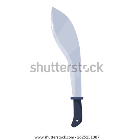 Kukri machete knife pointing upwards, featuring a curved blade and black handle, isolated on white background