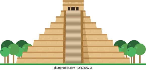 Kukulcan Temple, Chichen Itza (Mexico). Isolated on white background vector illustration.