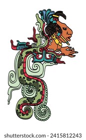 Kukulkan, the Vision Serpent, a deity of Maya mythology. Closely related to the Aztec Quetzalcoatl. Classic Maya vision as depicted at Yaxchilan, a divine serpent with human head and hand in mouth.