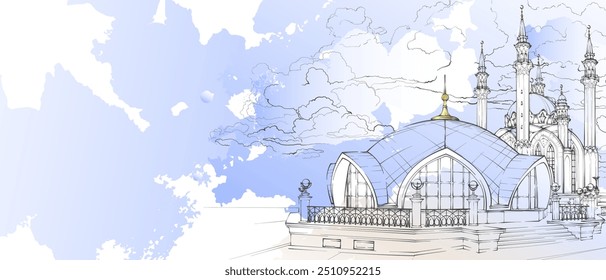 The Kul Sharif Mosque. Decorative light background with mosque. Card template design. Vector illustration.