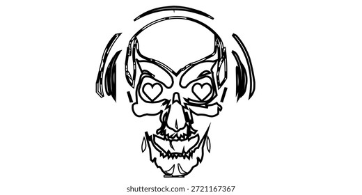 kull Head Mascot Logo ouvindo música sobre fundo branco, ilustração gráfica em contorno preto.