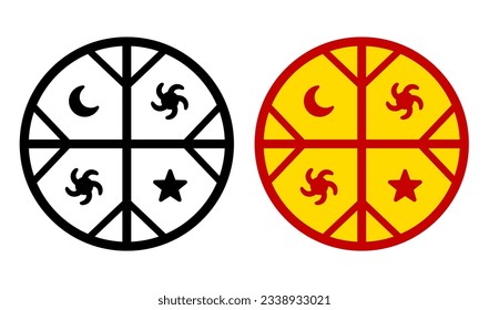 Kultrun, indigenous symbol of Mapuche flag, emblem of the Mapuche Nation. Black and white icon and color design. Vector clip art illustration.