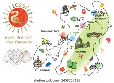 KUMAMOTO Japan travel map with landmarks and symbols. Hand drawn vector illustration.