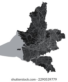 Kumamoto map. Detailed vector map of Kumamoto city administrative area. Cityscape poster metropolitan aria view. Black land with white roads and avenues. White background.