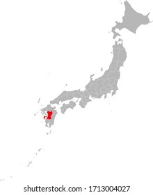 Kumamoto province highlighted red on Japan map. Gray background. Perfect for business concepts, backgrounds, backdrop, sticker, banner, poster, label, chart and presentation.
