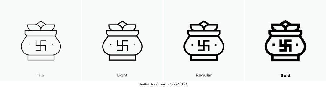 Kumbh Kalash Symbol. Dünnes, leichtes Regular- und Bold-Design isoliert auf weißem Hintergrund
