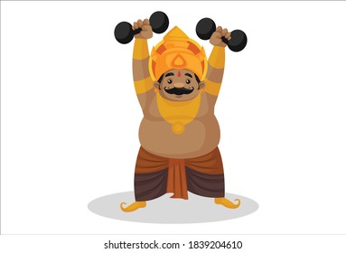 Kumbhakarna is holding dumbbells in hands. Vector graphic illustration. Individually on a white background.