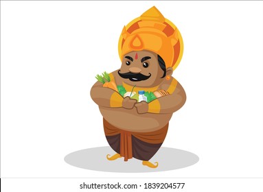 Kumbhakarna is holding eating ingredients in hands. Vector graphic illustration. Individually on a white background.