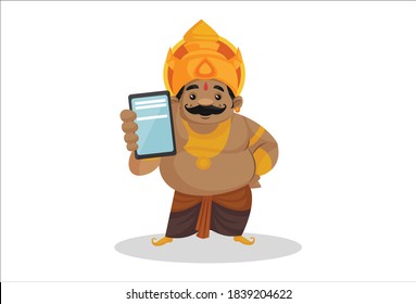 Kumbhakarna is showing mobile phone. Vector graphic illustration. Individually on a white background.