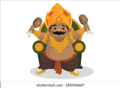 Kumbhakarna is sitting on the throne and holding a chicken leg piece in his hands. Vector graphic illustration. Individually on a white background.