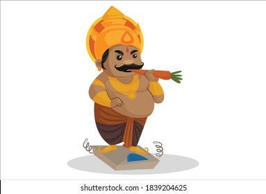 Kumbhakarna is standing on a weighing machine and eating a carrot. Vector graphic illustration. Individually on a white background.