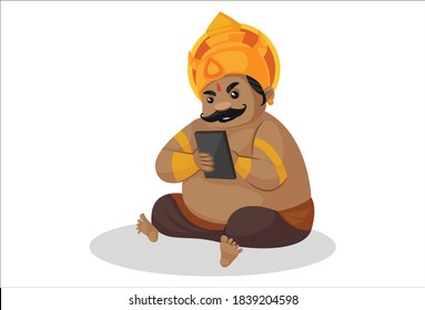 Kumbhakarna is writing in a notebook. Vector graphic illustration. Individually on a white background.