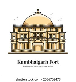 Kumbhalgarh fort Indian Famous Iconic Landmark Cartoon Line Art Illustration