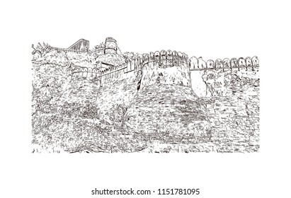 Kumbhalgarh fort is a Mewar fortress on the westerly range of Aravalli Hills, in the Rajsamand district near Udaipur of Rajasthan state in western India. Hand drawn sketch illustration in vector.
