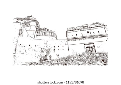 Kumbhalgarh fort is a Mewar fortress on the westerly range of Aravalli Hills, in the Rajsamand district near Udaipur of Rajasthan state in western India. Hand drawn sketch illustration in vector.