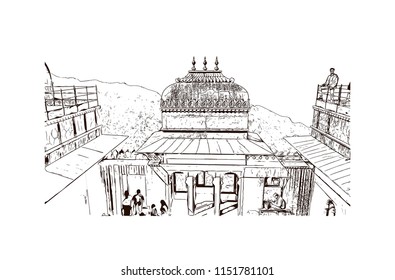 Kumbhalgarh fort is a Mewar fortress on the westerly range of Aravalli Hills, in the Rajsamand district near Udaipur of Rajasthan state in western India. Hand drawn sketch illustration in vector.