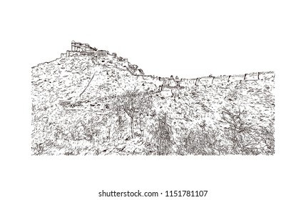 Kumbhalgarh fort is a Mewar fortress on the westerly range of Aravalli Hills, in the Rajsamand district near Udaipur of Rajasthan state in western India. Hand drawn sketch illustration in vector.